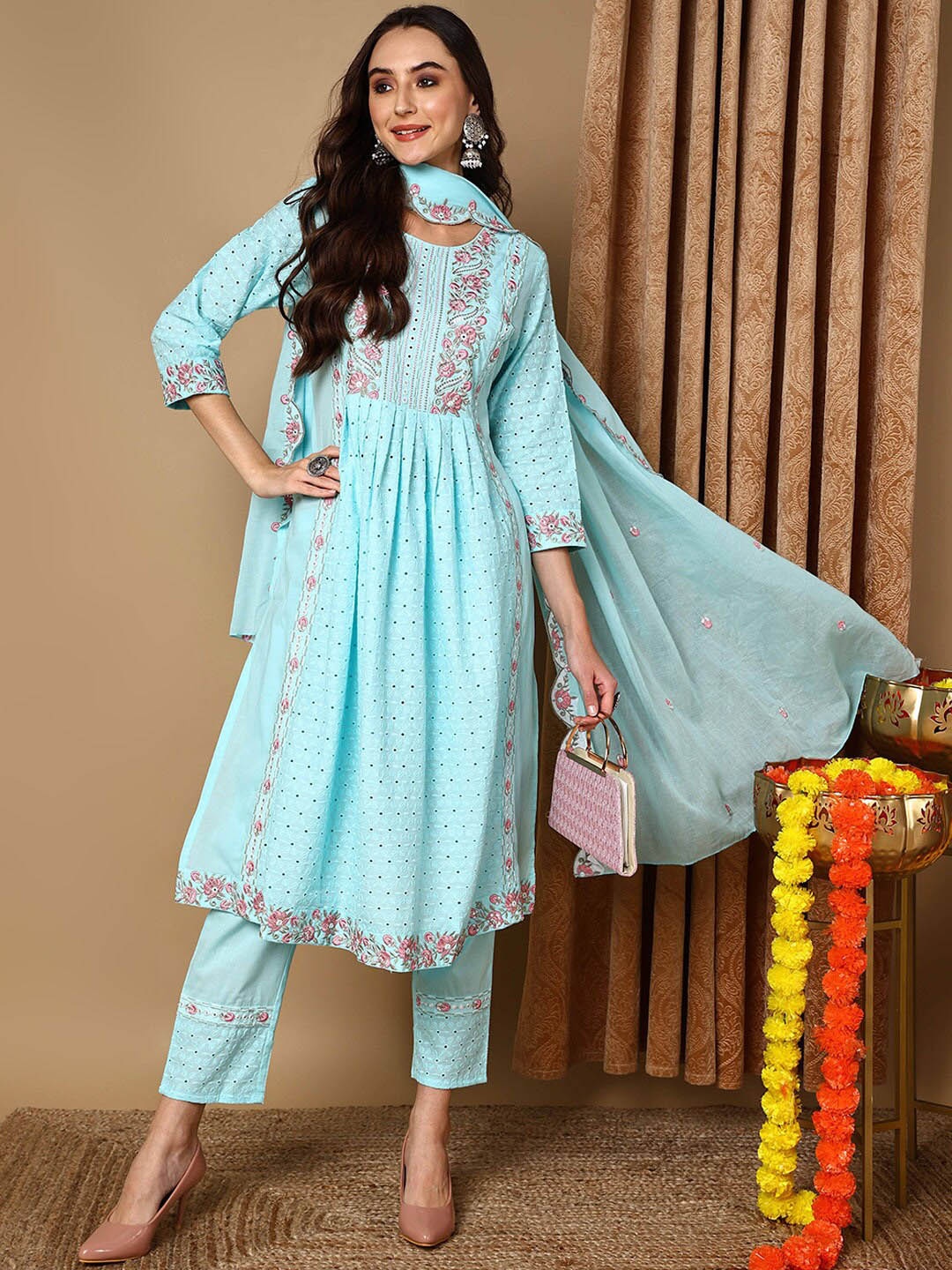 

AHIKA Ethnic Motifs Embroidered Sequined Pure Cotton Kurta With Trousers & Dupatta, Blue