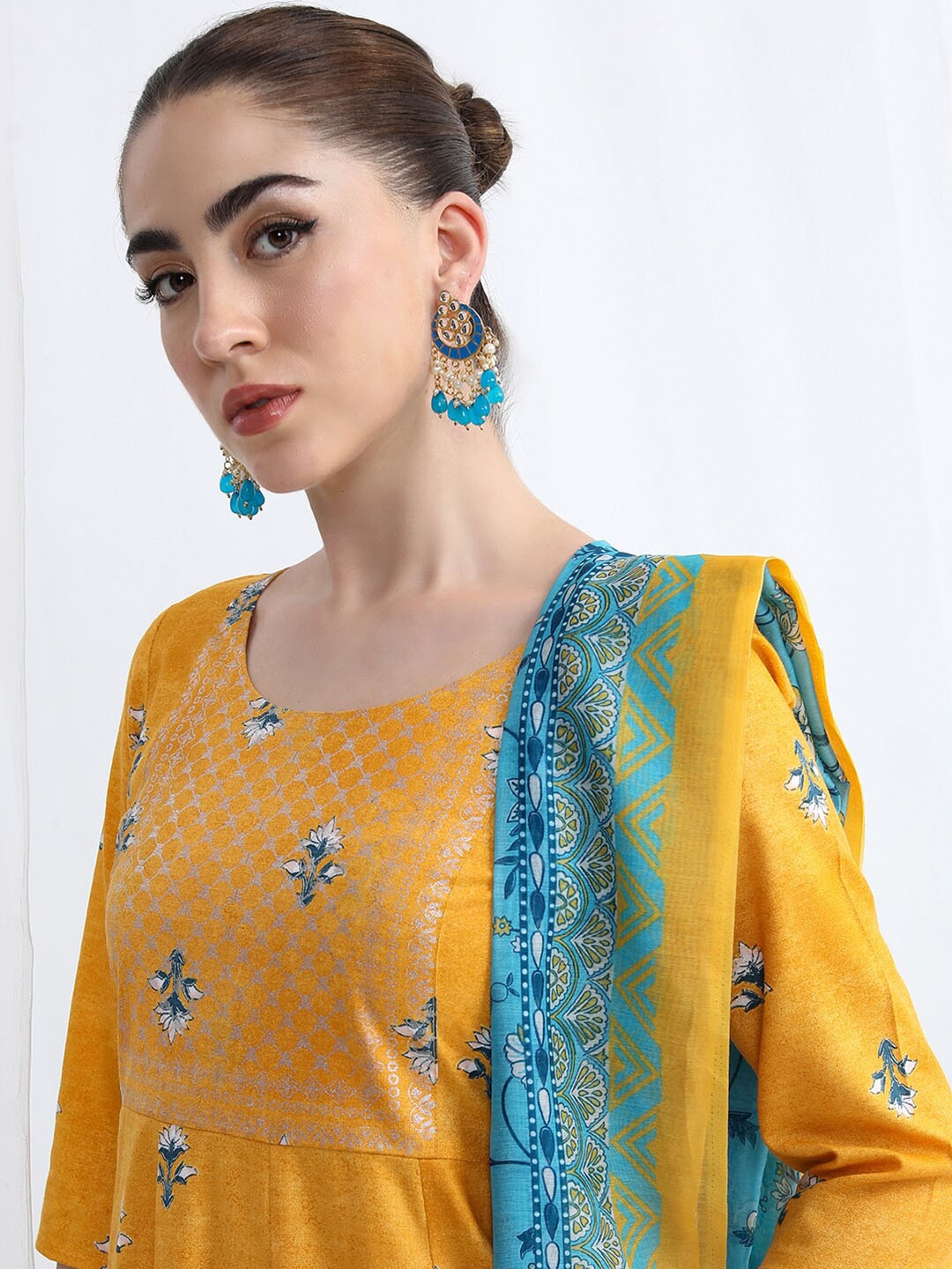 

KETCH Floral Printed Thread Work A-Line Kurta with Trousers & With Dupatta, Mustard