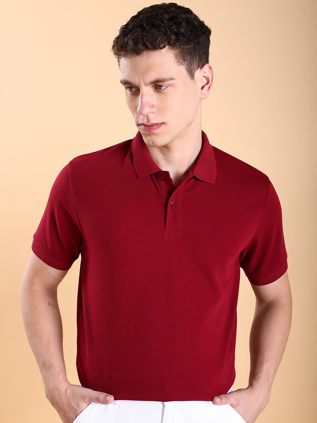 

KETCH Men Polo Collar Popcorn Structured T-shirt, Red