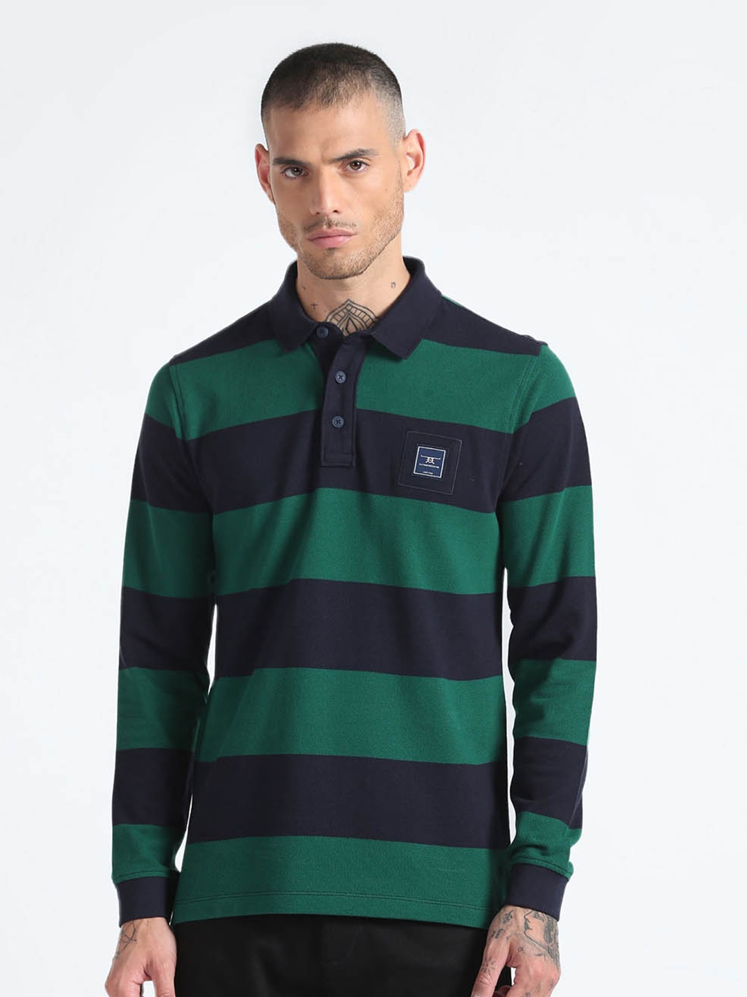 

Flying Machine Men Green Striped Polo Collar Pockets T-shirt