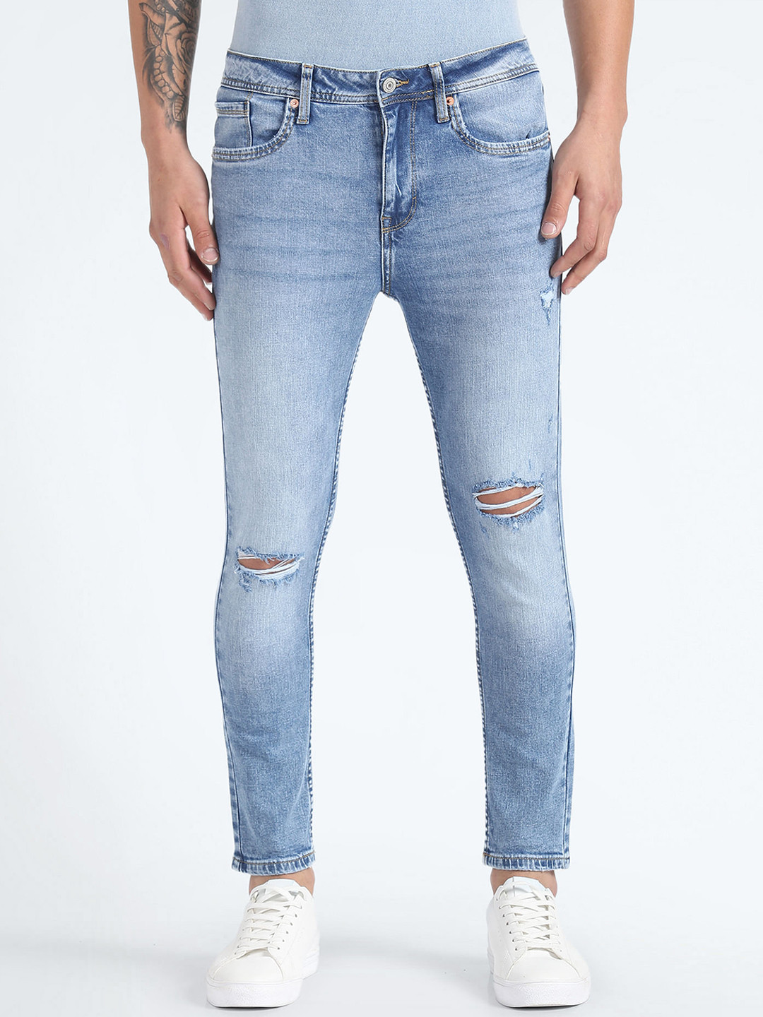

Flying Machine Men Skinny Fit Slash Knee Heavy Fade Ripped Stretchable Jeans, Blue