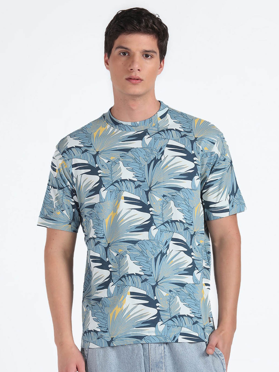 

Flying Machine Tropical Printed Oversized Pure Cotton T-shirt, Blue