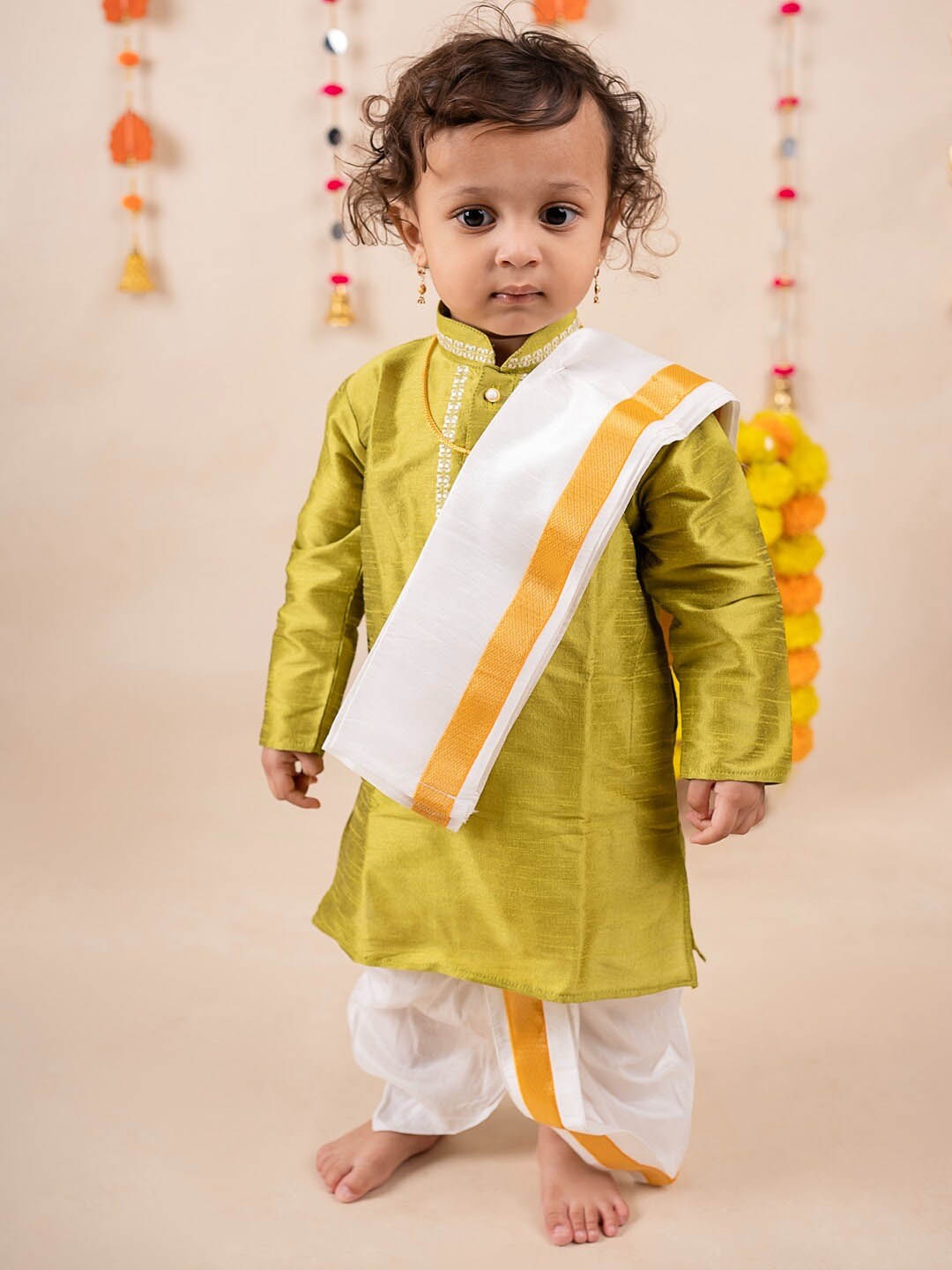 

Baby Moo Boys Embroidered Pure Silk Kurta With Dhoti Pants, Pyjamas & Angavastram, Green