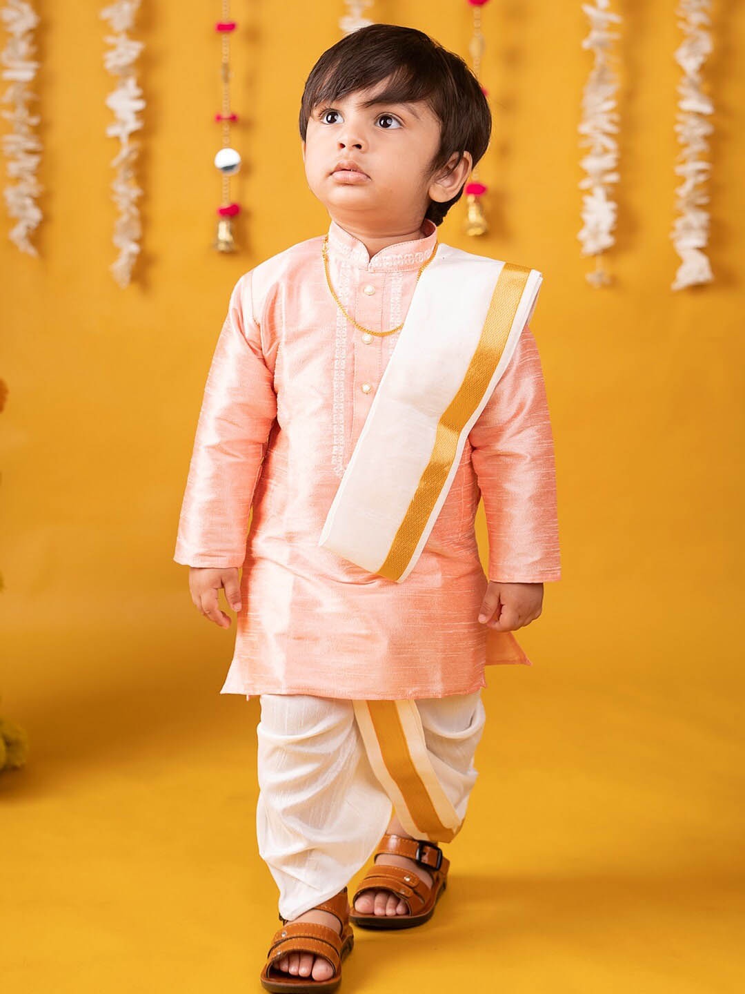 

Baby Moo Boys Pure Silk Kurta & Dhoti Pants With Angavastram, Peach