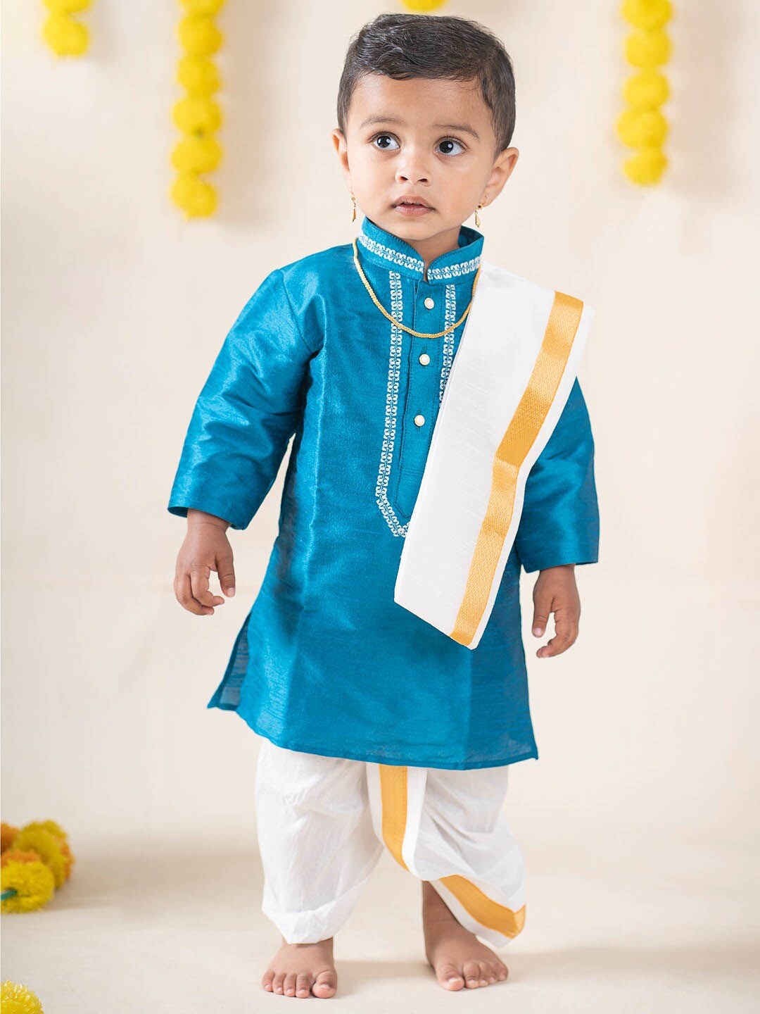 

Baby Moo Boys Pure Silk Kurta & Dhoti Pants With Pyjamas, Blue