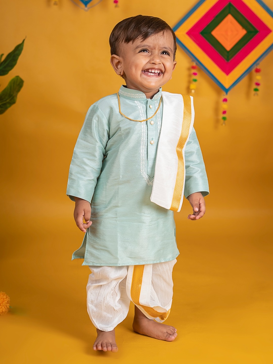 

Baby Moo Boys Pure Silk Kurta With Dhoti Pants And Angavastram, Green