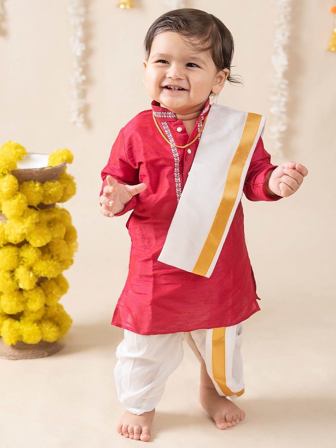 

Baby Moo Boys Pure Banaras Silk Material Dhoti & Kurta With Dupatta, Red