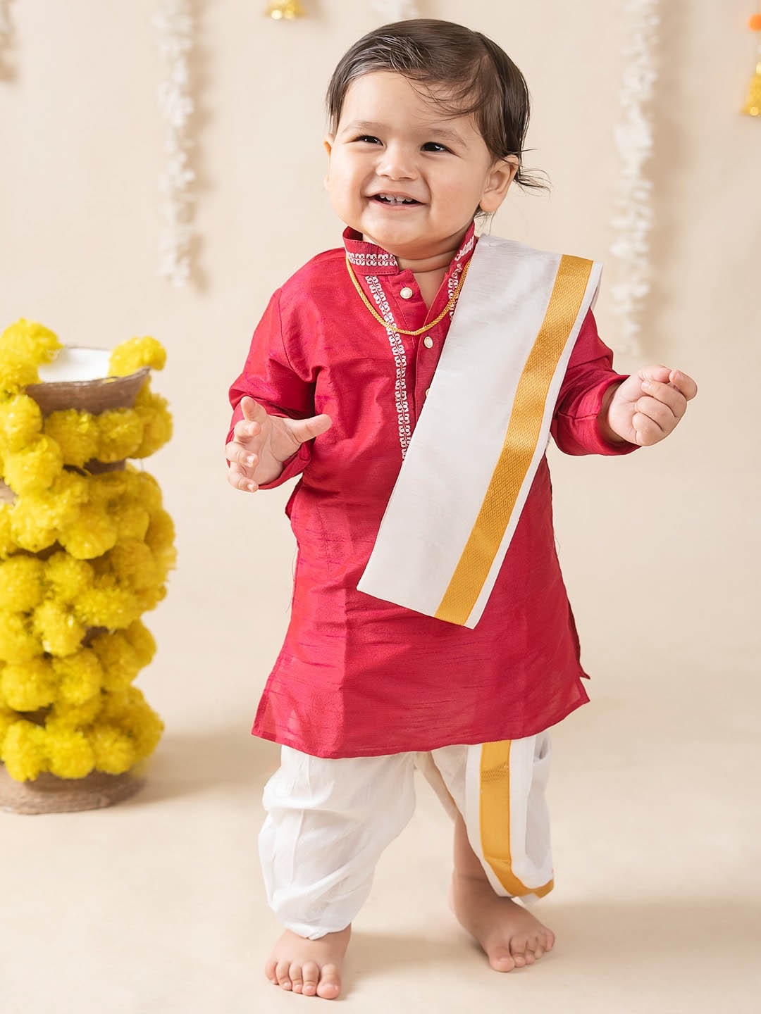 

Baby Moo Boys Pure Silk Kurta & Dhoti Pants With Angavastram, Red