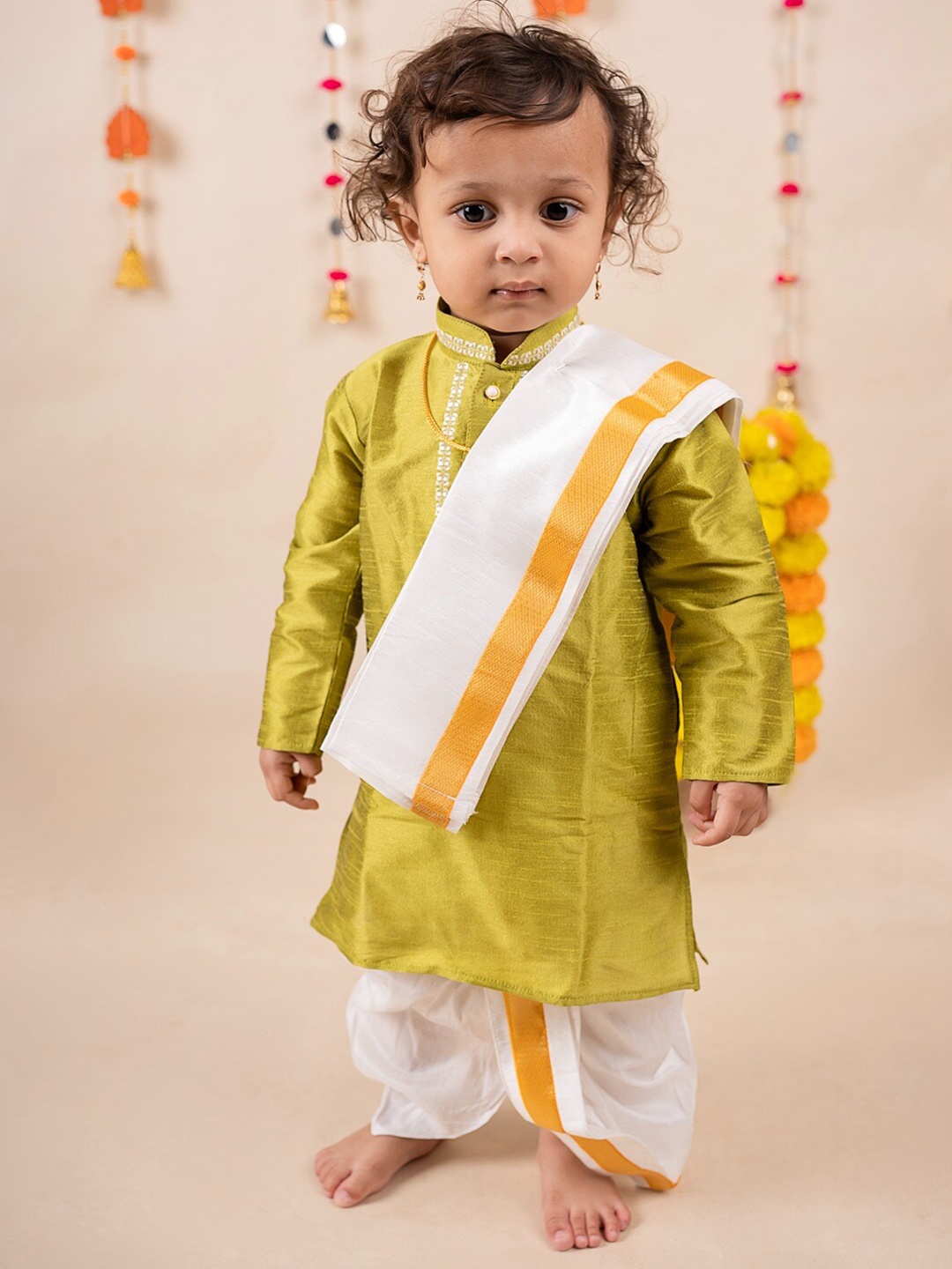 

Baby Moo Boys Pure Silk Kurta & Dhoti Pants With Angavastram, Green