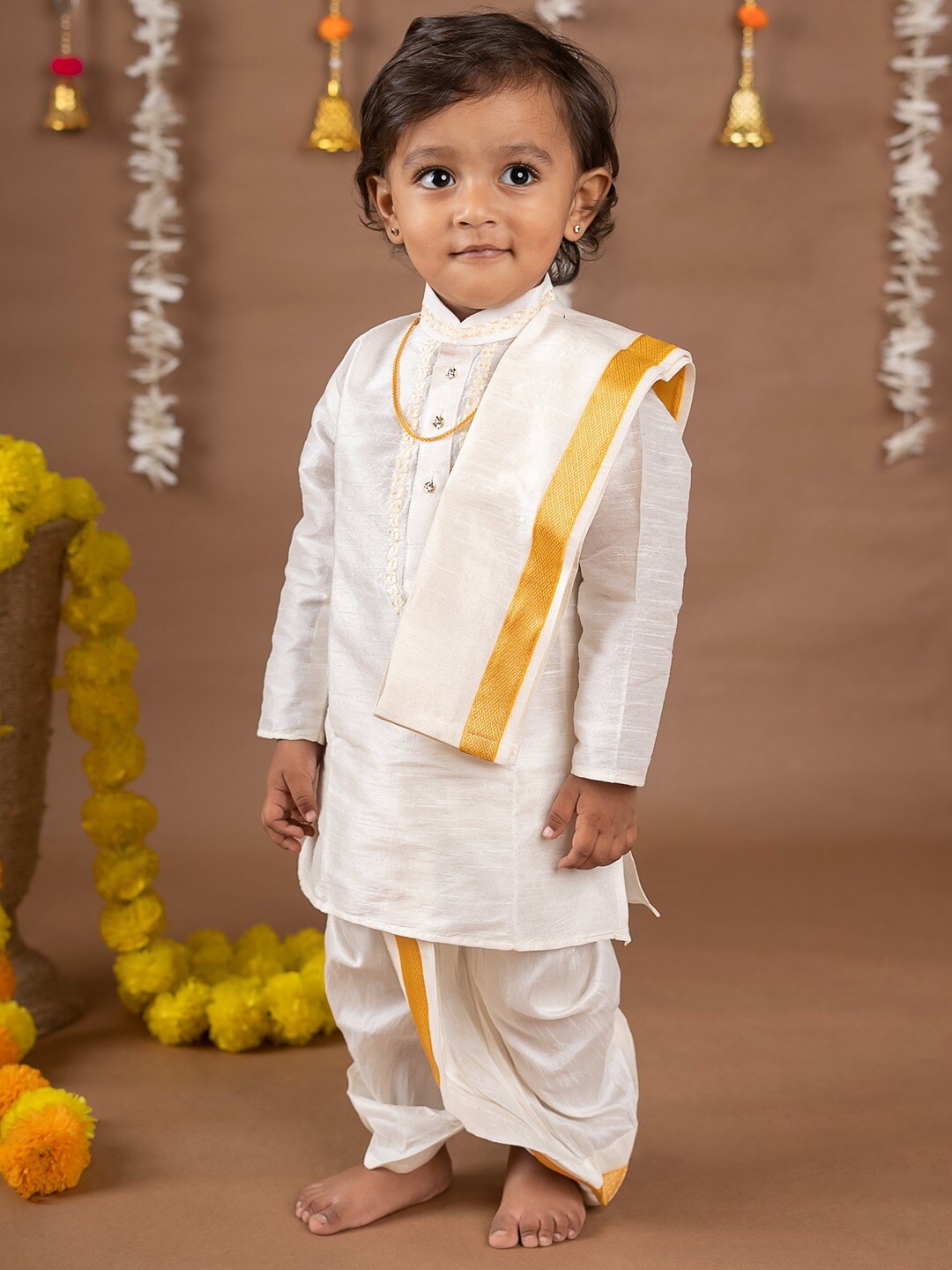 

Baby Moo Boys Pure Banaras Silk Dhoti Pants & Kurta with Angavastram, Off white