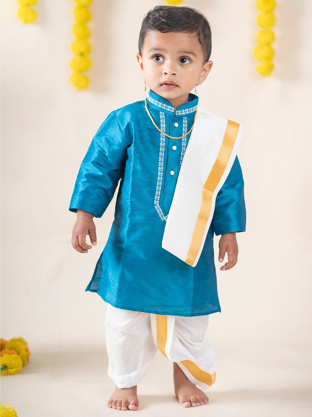 

Baby Moo Boys Pure Silk Kurta With Dhoti Pants And Angavastram, Turquoise blue