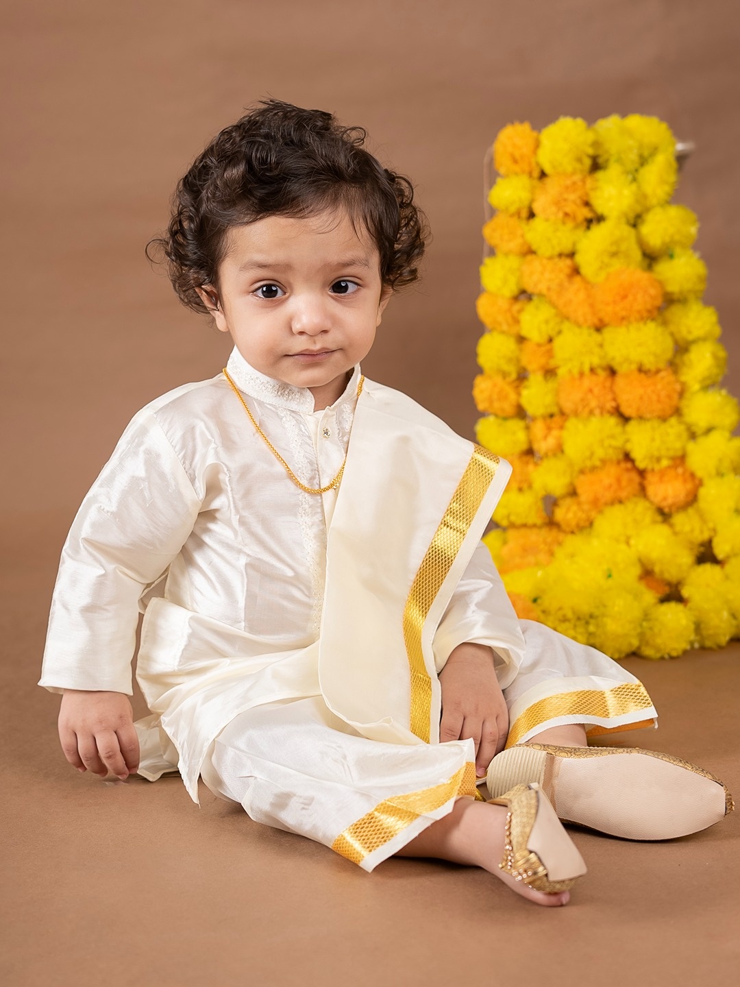 

Baby Moo Boys Pure Silk Kurta With Dhoti Pants And Angavastram, Cream