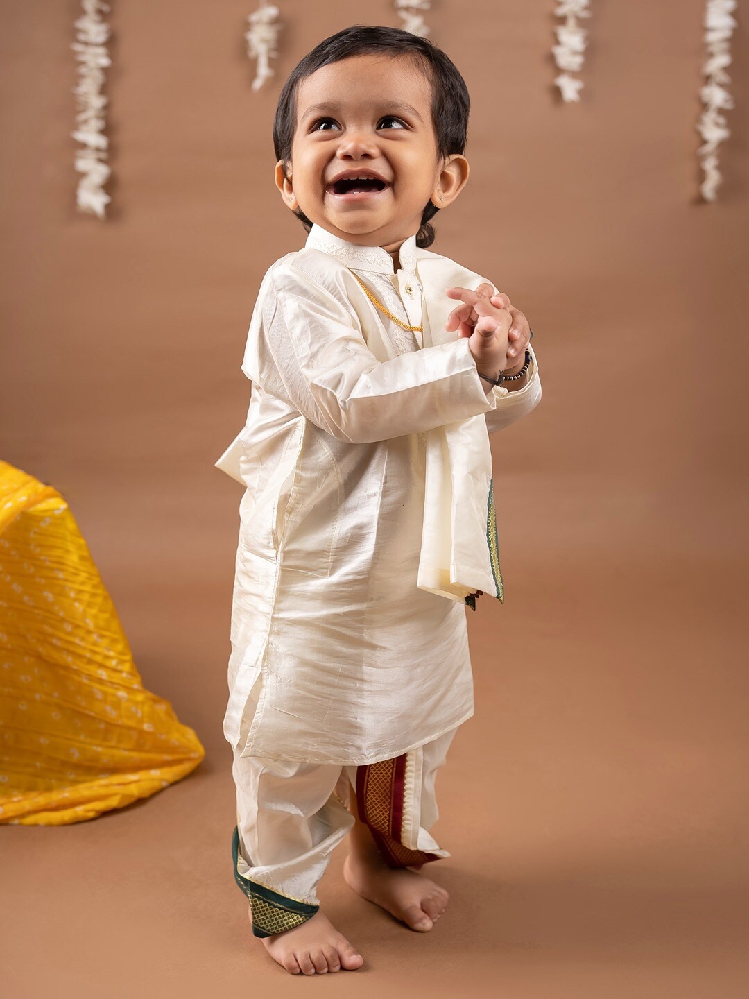 

Baby Moo Boys Pure Silk Kurta & Dhoti Pants With Angavastram, Cream