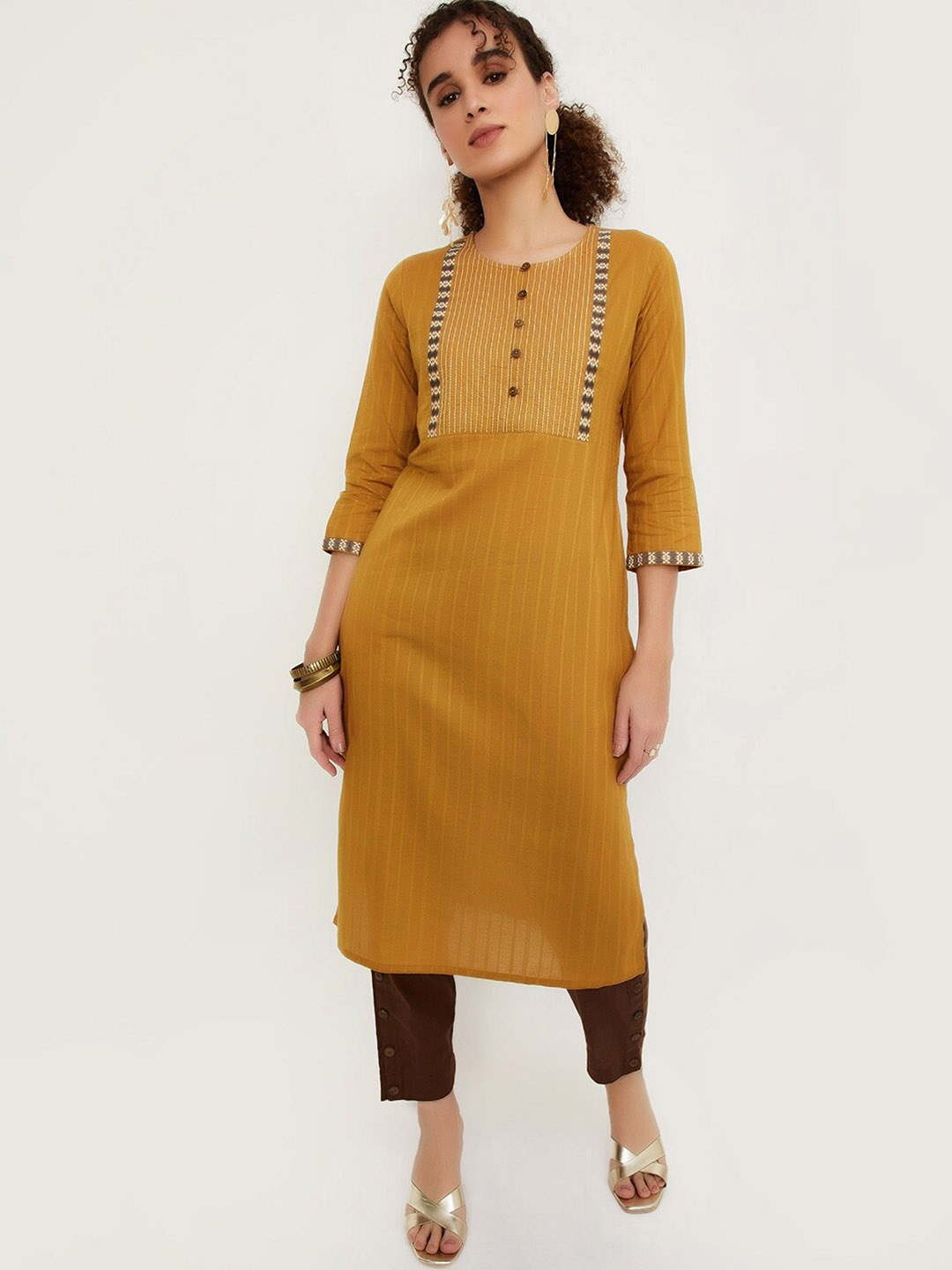 

max Striped Thread Work Straight Kurta, Mustard