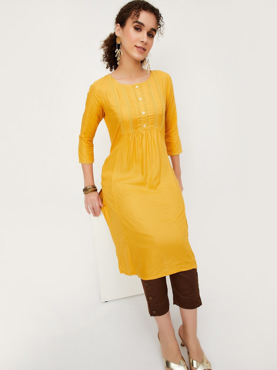 

max Round Neck Pleated Straight kurta, Yellow