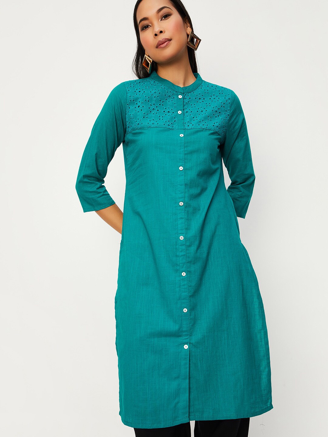 

max Embroidered Band Collar Straight Regular Cotton Kurta, Blue