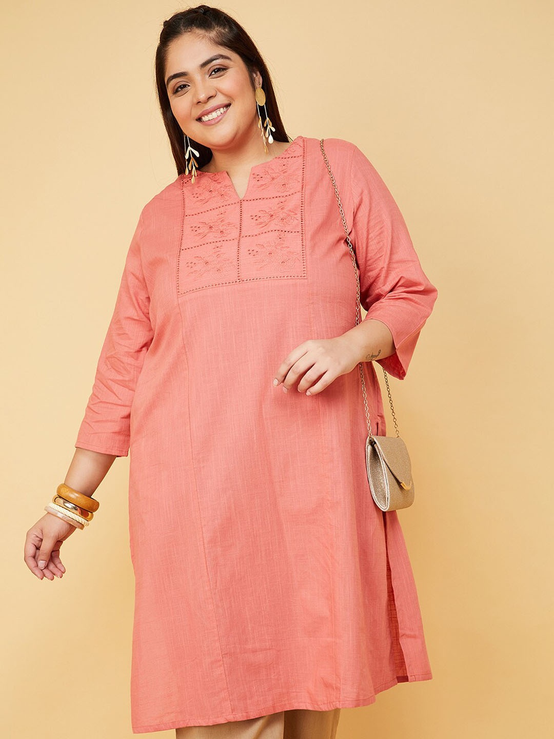 

max Embroidered Straight Cotton Kurta, Orange