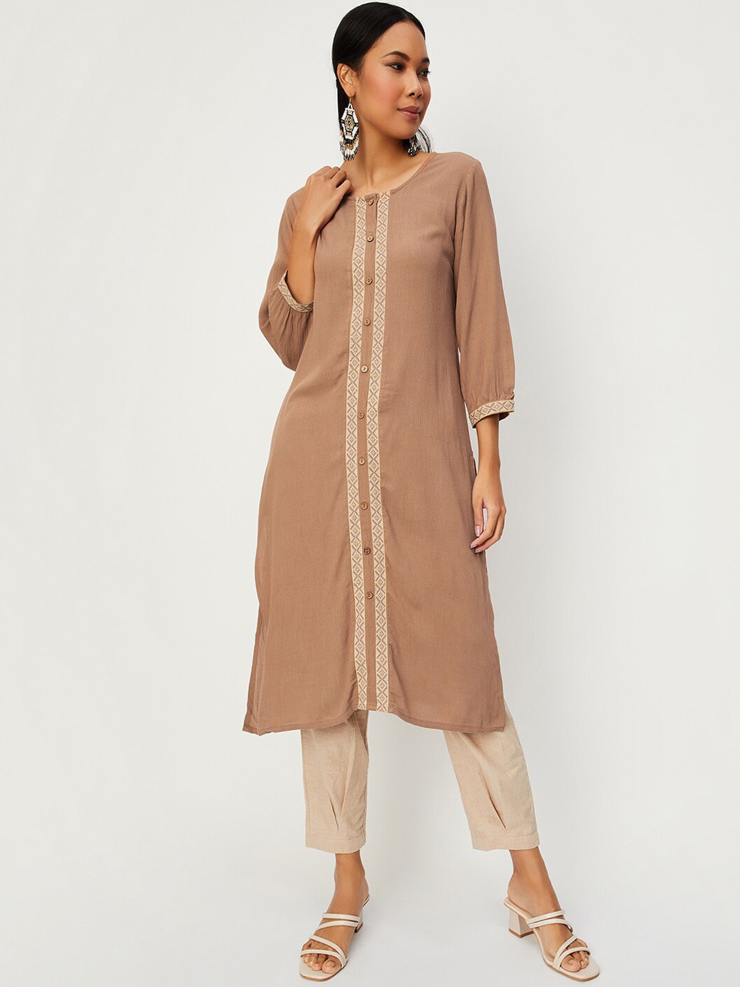 

max Round Neck Cotton Regular Straight Kurta, Brown