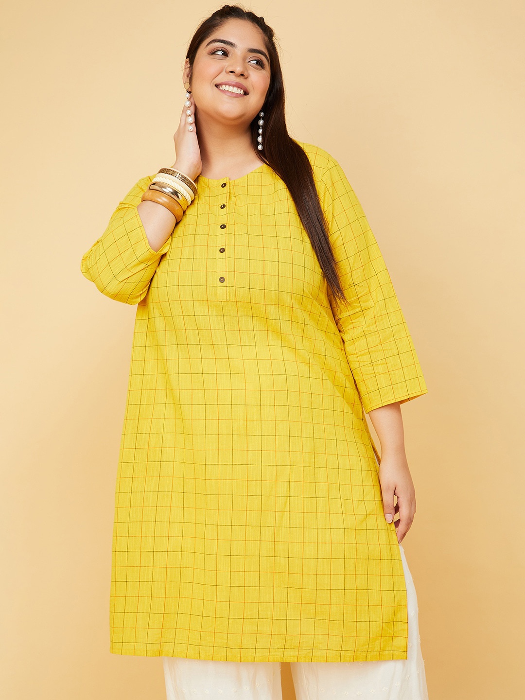

max Checked Round Neck Cotton Straight Kurta, Yellow