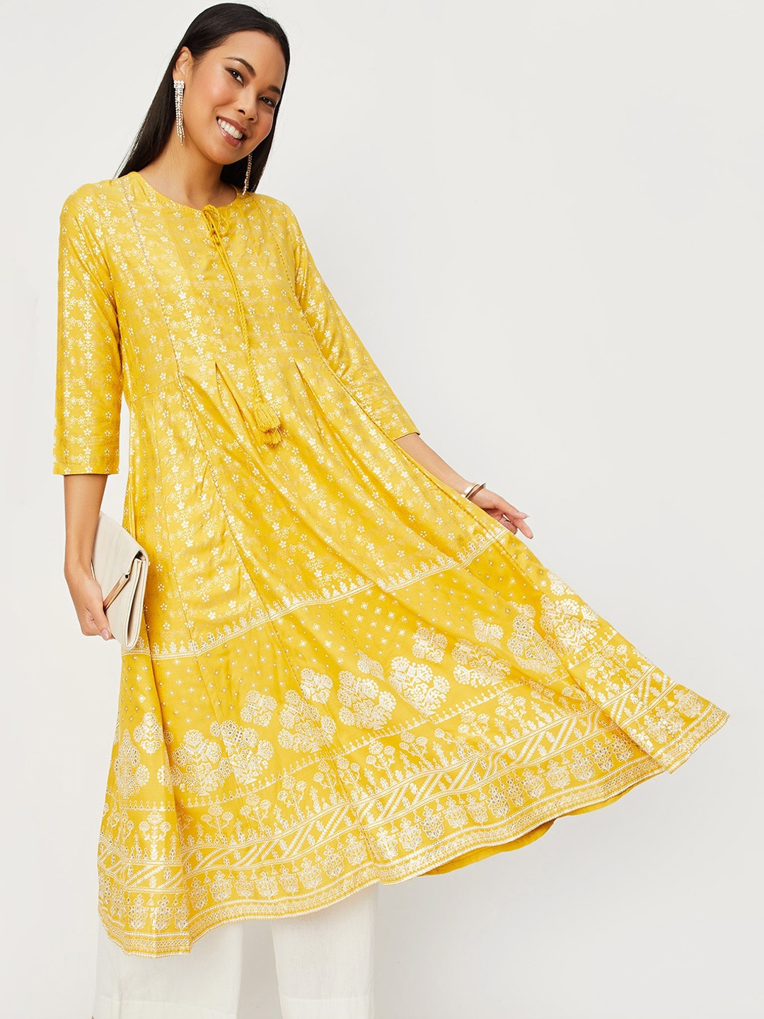 

max Ethnic Motifs Printed Tie-Up Neck Gotta Patti Detail A-Line Kurta, Yellow