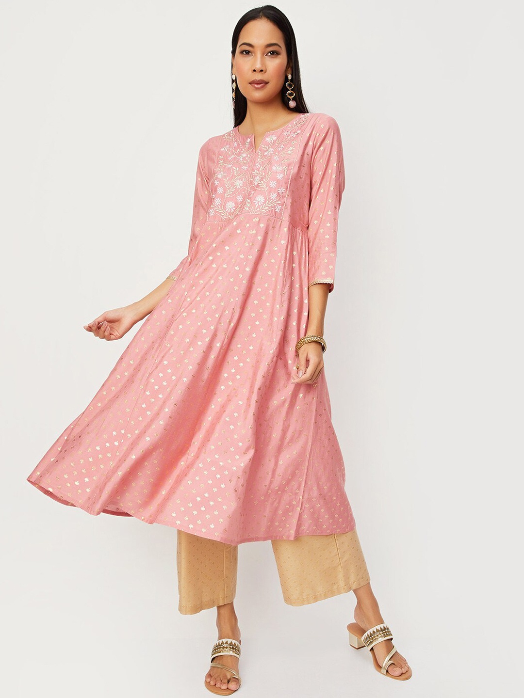 

max Floral Embroidered Thread Work Cotton Flared A-Line Kurta, Pink