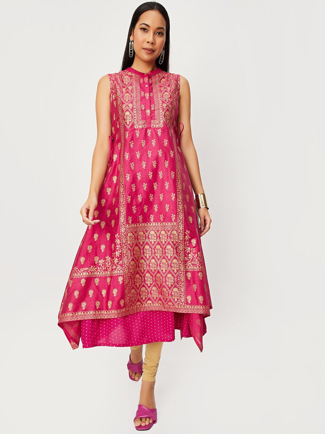 

max Ethnic Motifs Printed Band Collar A-Line Kurta, Pink