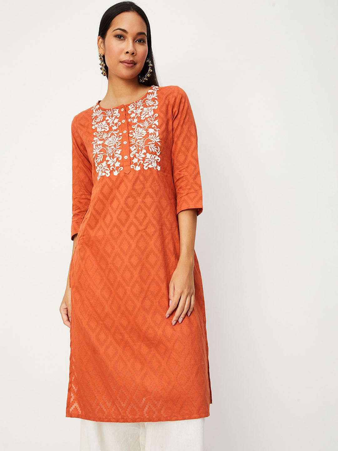 

max Floral Yoke Design Thread Work Cotton Straight Regular Kurta, Orange