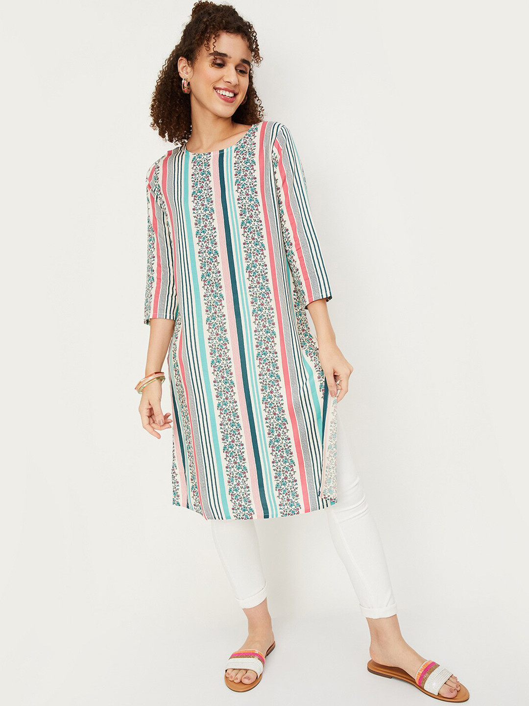 

max Striped Straight Regular Kurta, Off white