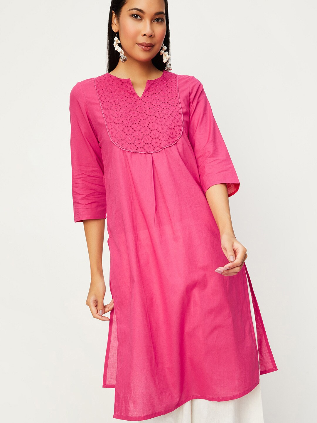 

max Floral Yoke Design Thread Work Cotton Flared A-Line Kurta, Pink