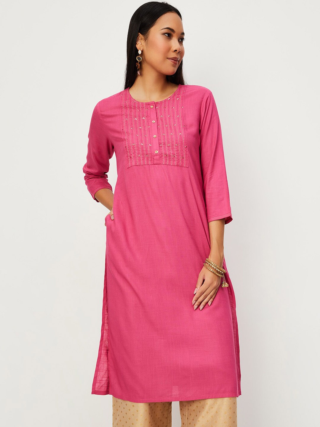 

max Round Neck Sequined Straight Regular Kurta, Pink