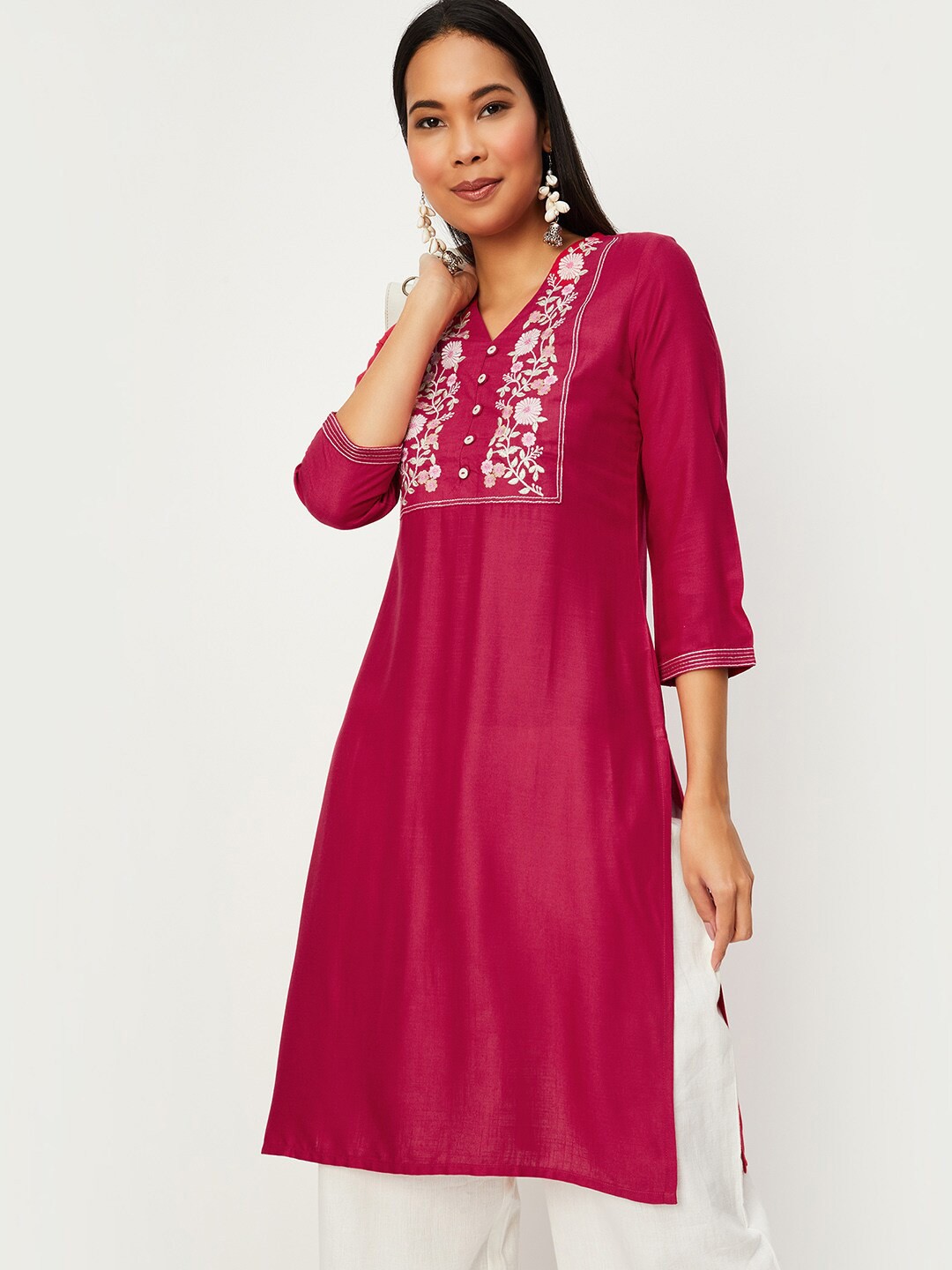 

max Floral Yoke Design V-Neck Thread Work Detail Straight Kurta, Pink