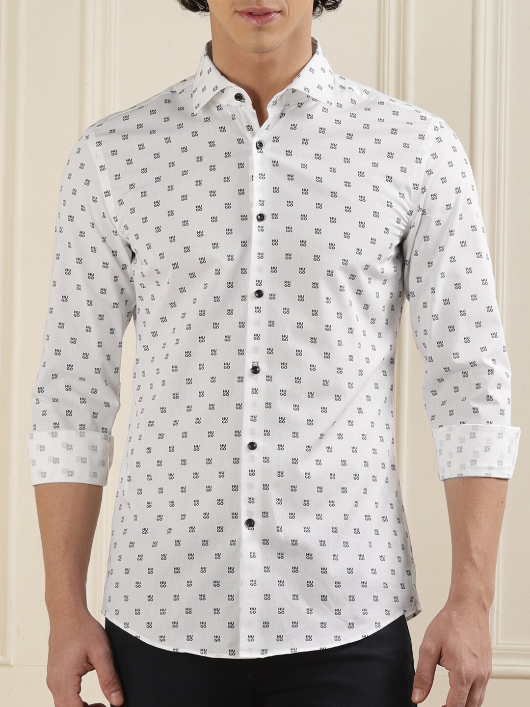 

HUGO Men White Slim Fit Opaque Printed Formal Shirt