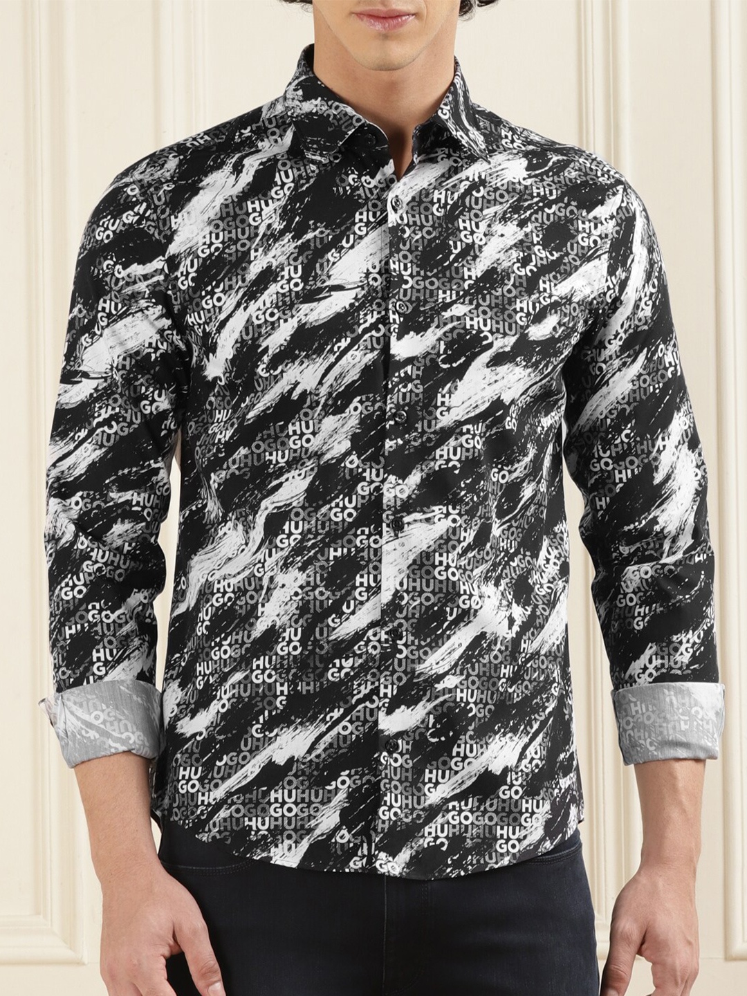 

HUGO Men Black Slim Fit Opaque Printed Formal Shirt