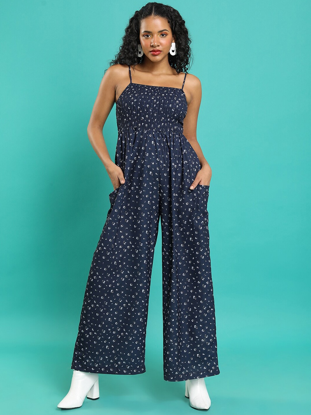 

Tokyo Talkies Navy Blue & White Printed Basic Jumpsuit