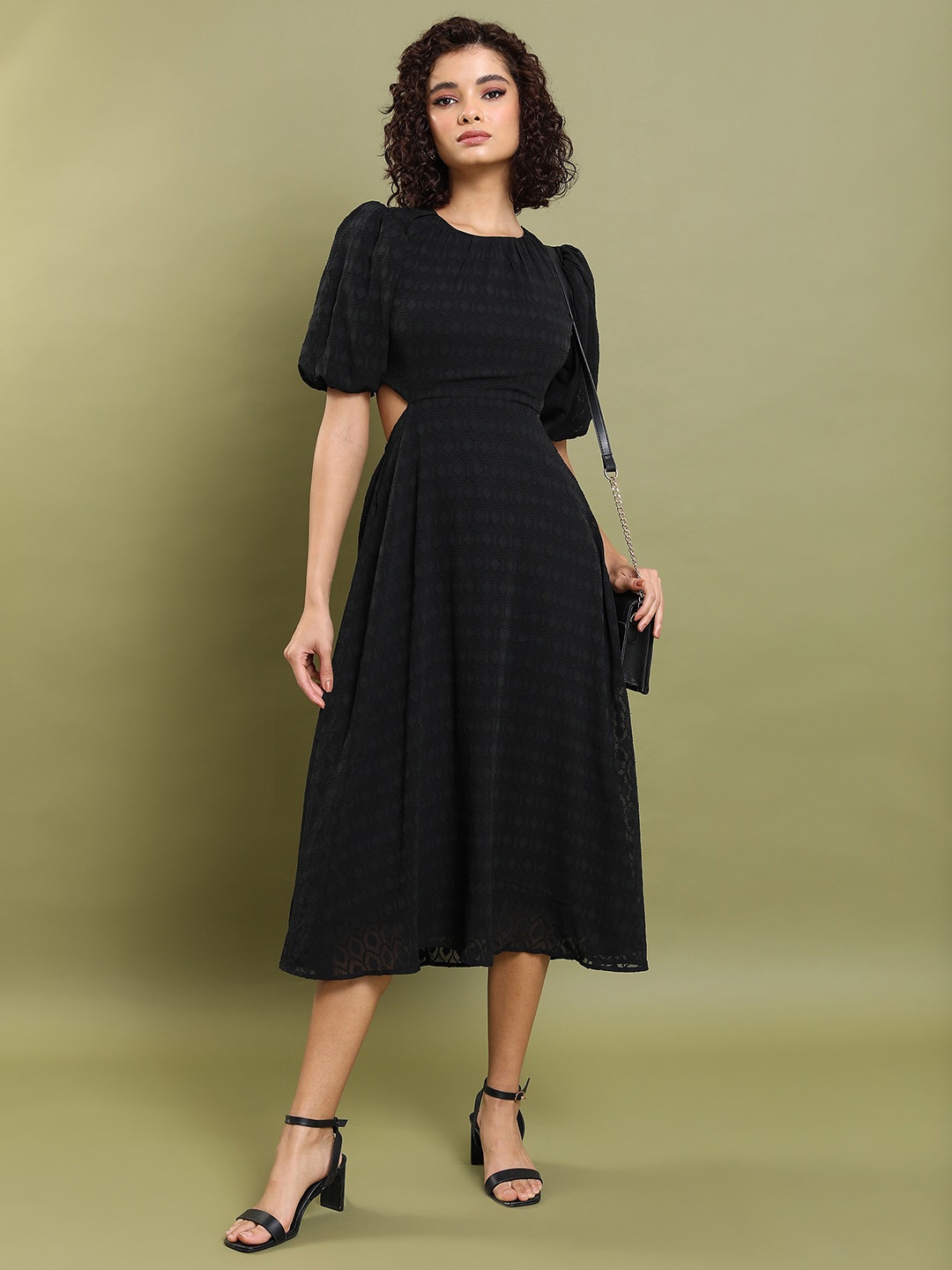 

Tokyo Talkies Black Self Design Round Neck Puff Sleeve Cut-Outs A-Line Midi Dress