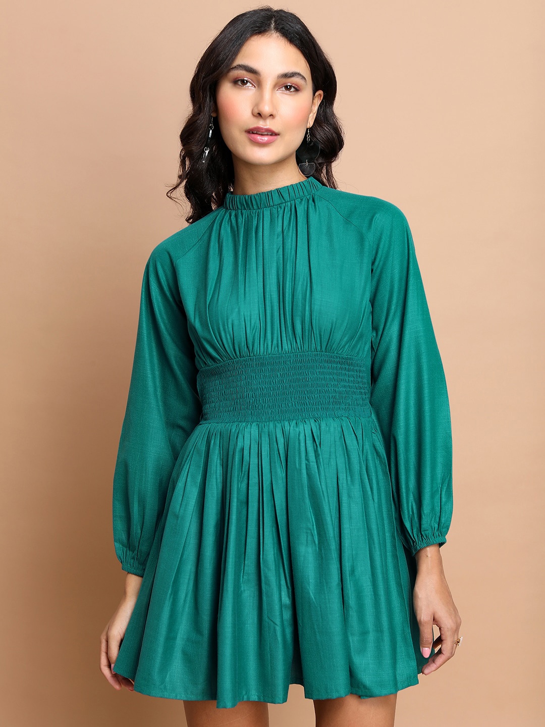 

Tokyo Talkies Teal High Neck Puff Sleeves Smocked Fit & Flare Dress