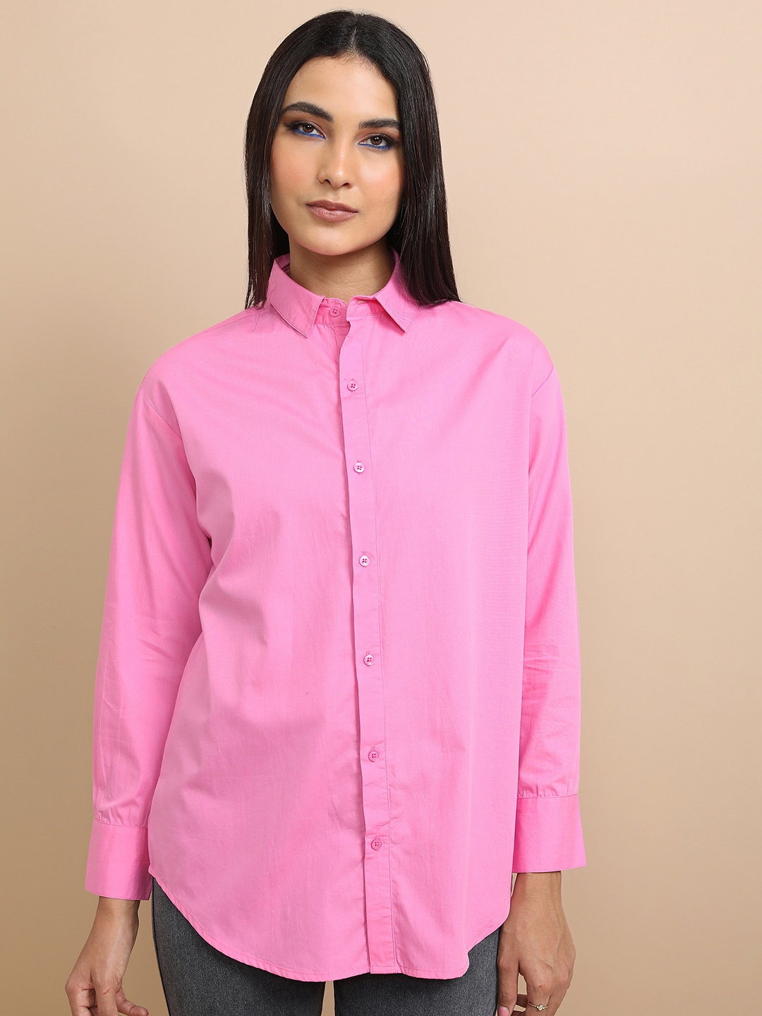

Tokyo Talkies Pink Oversized Cotton Casual Shirt