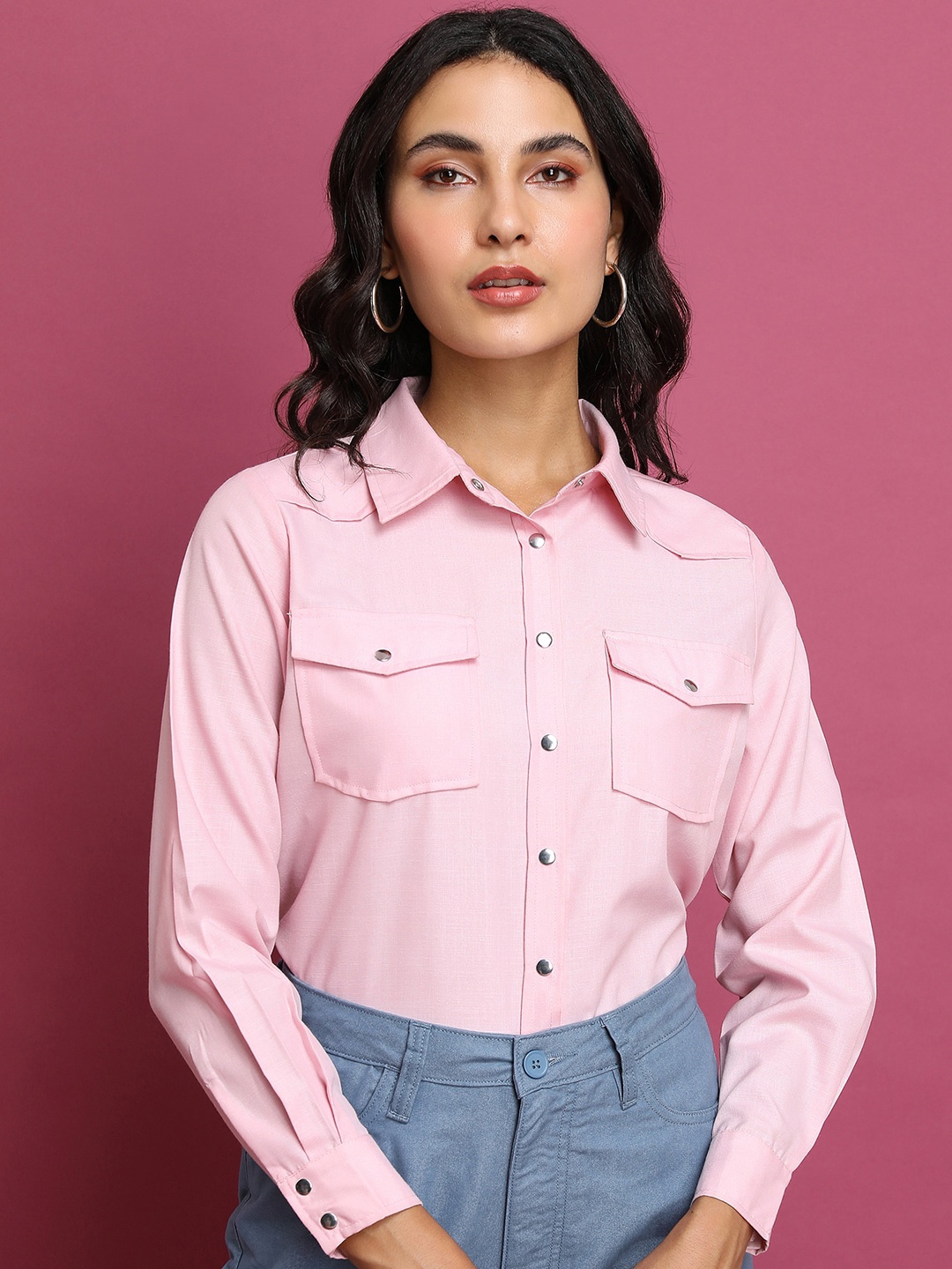 

Tokyo Talkies Pink Spread Collar Casual Shirt