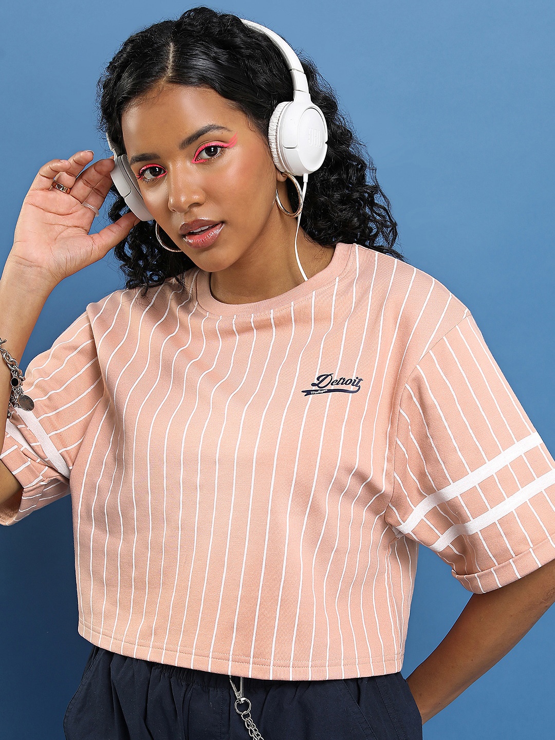 

Tokyo Talkies Nude-Coloured Striped Round Neck Crop Oversized T-shirt