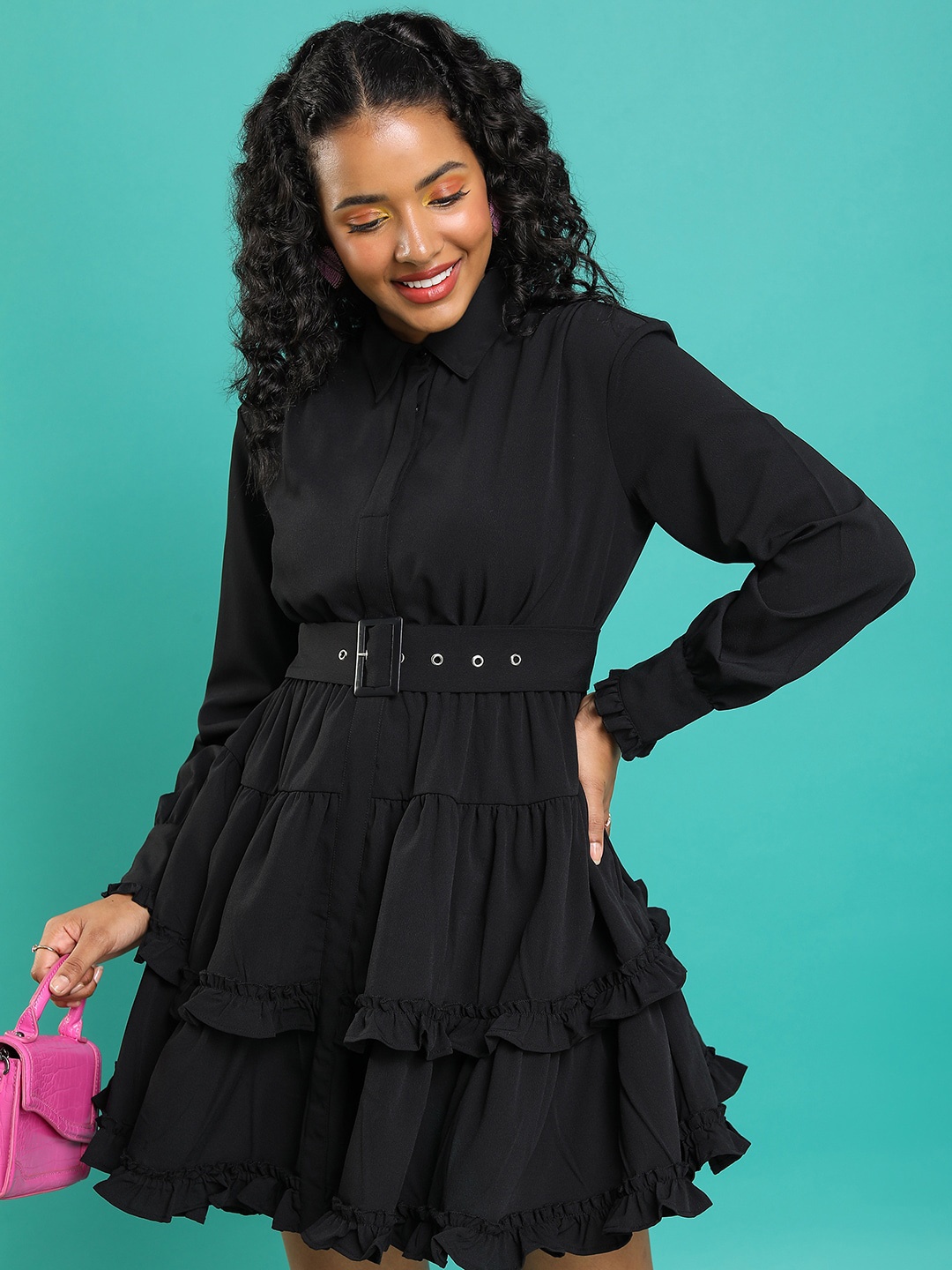 

Tokyo Talkies Black Shirt Collar Cuffed Sleeves Gathered Tiered Shirt Dress