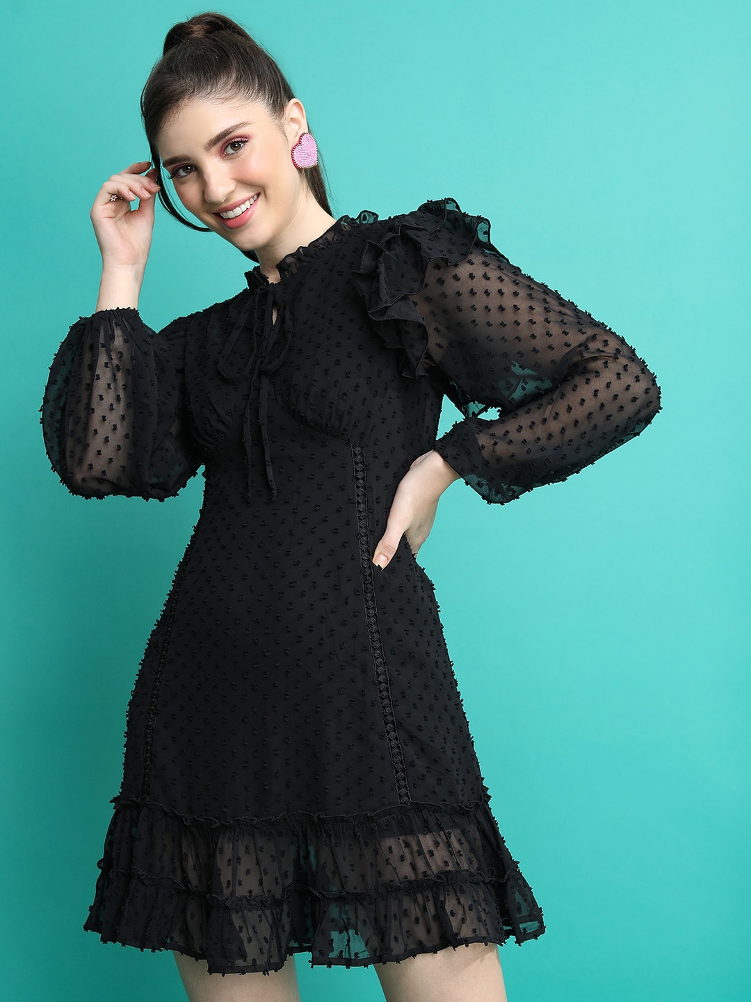 

Tokyo Talkies Black Self Designed Tie-Up Neck Puff Sleeve Empire Dress
