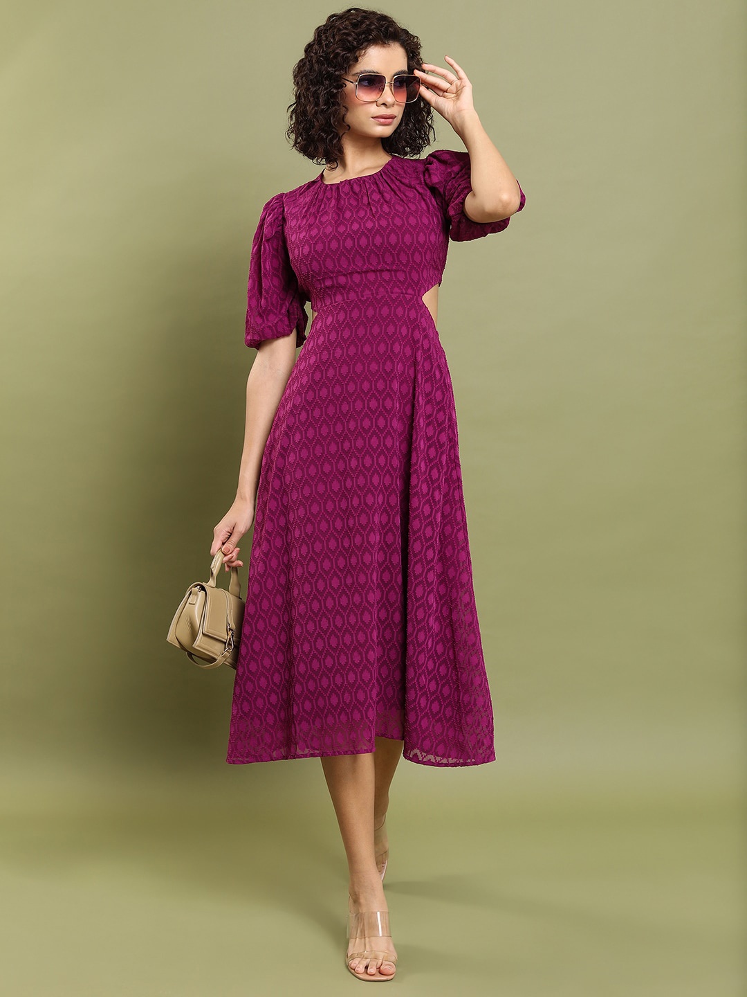 

Tokyo Talkies Maroon Self Design Puff Sleeves Cut-Out Detailed Fit & Flare Midi Dress