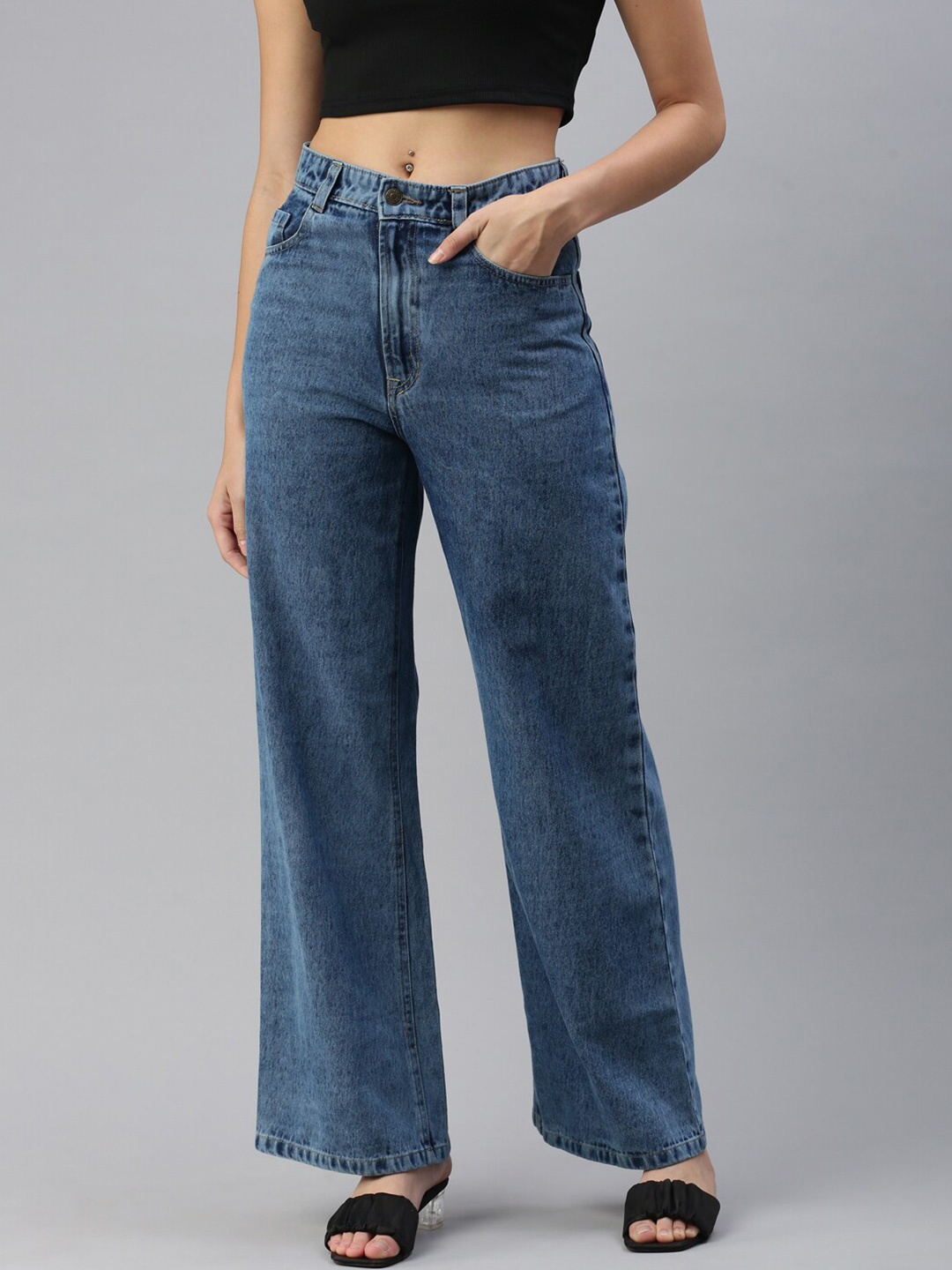 

De Moza Women High-Rise Clean Look Cotton Jeans, Navy blue