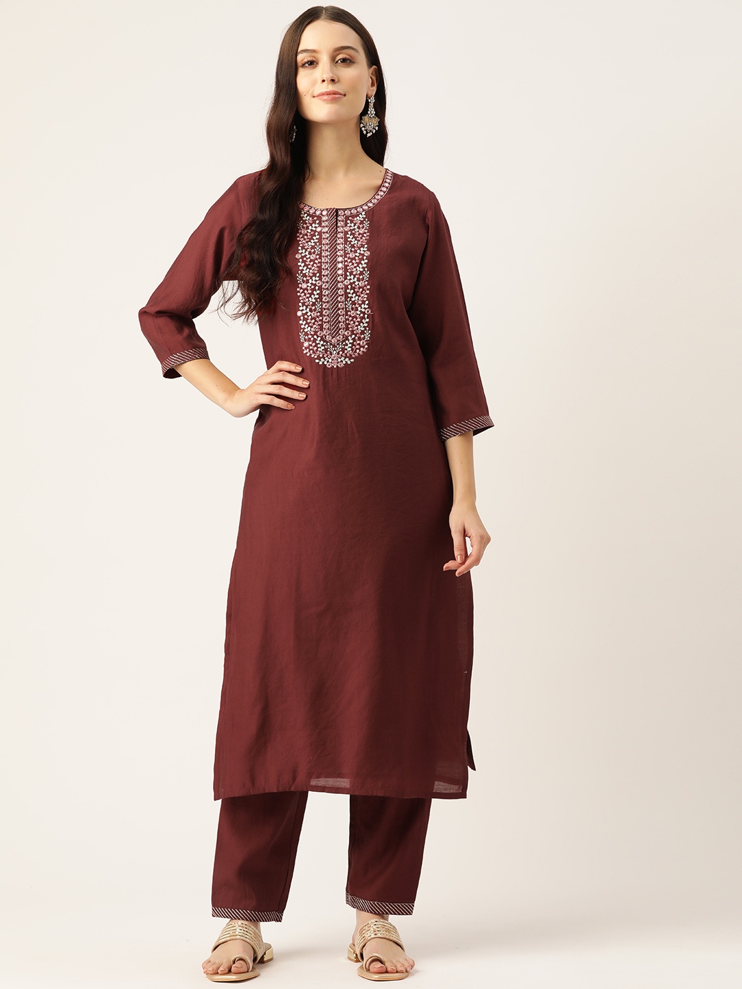 

Rue Collection Floral Embroidered Regular Mirror Work Pure Cotton Kurta with Trousers, Brown