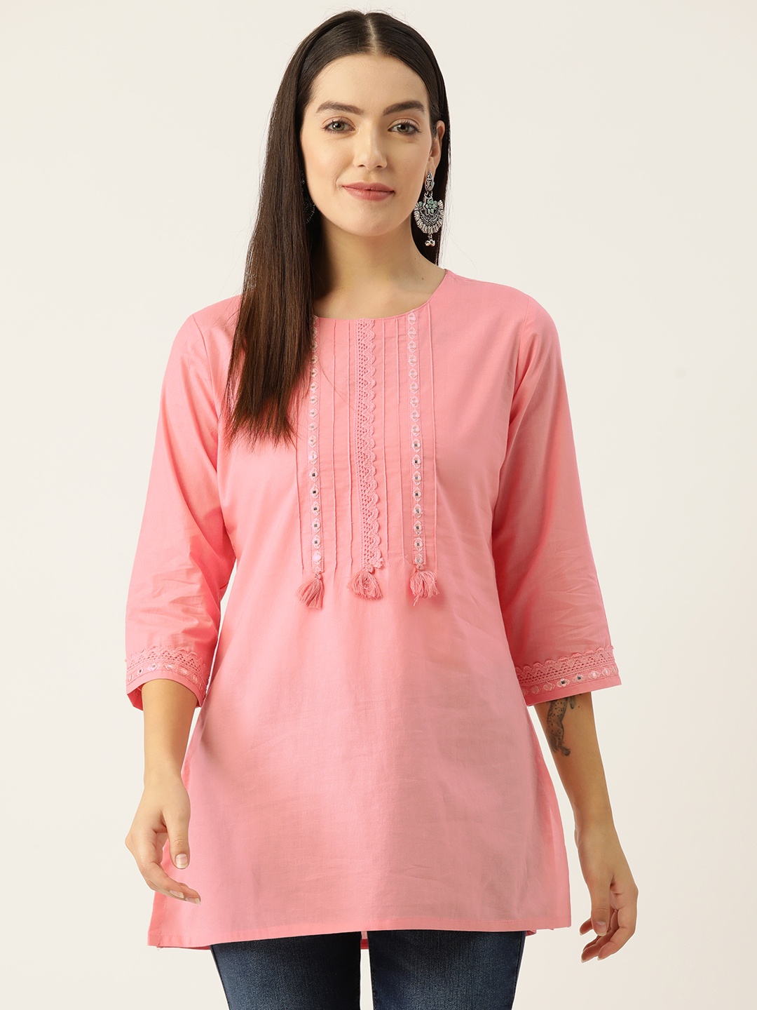 

Rue Collection Yoke Design Gotta Patti Pure Cotton Gotta Patti Kurti, Pink