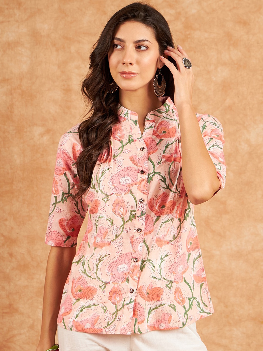 

RIVZA Floral Printed Mandarin Collar Cotton Shirt Style Top, Peach