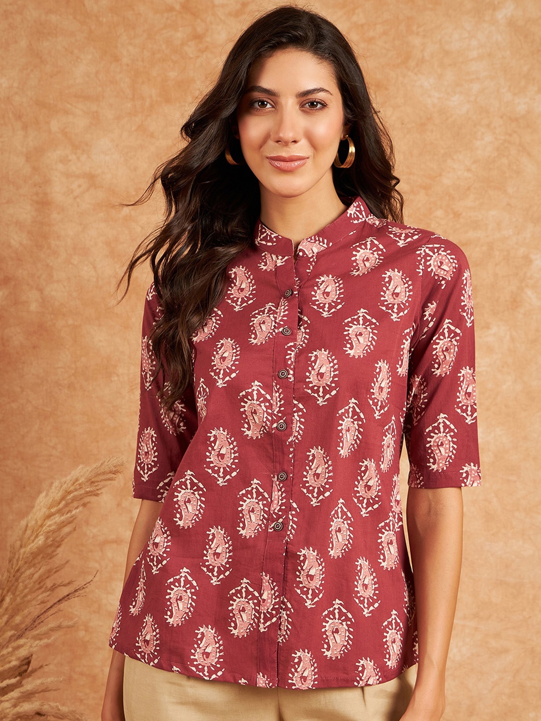 

RIVZA Paisley Printed Mandarin Collar Cotton Shirt Style Top, Maroon