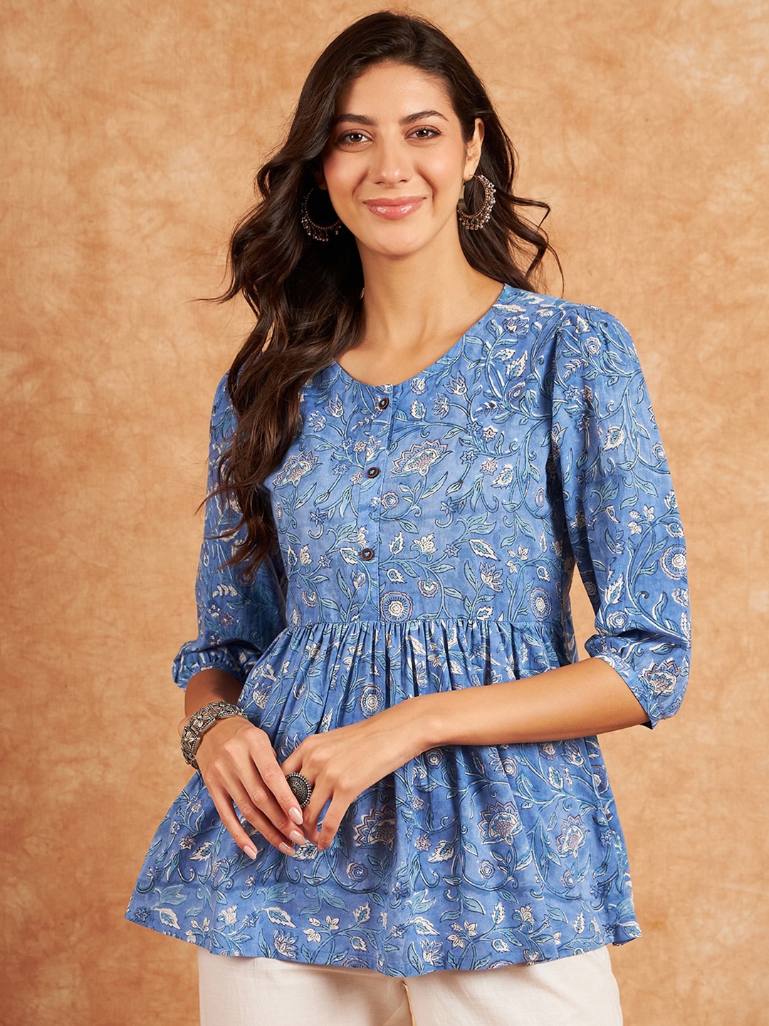 

RIVZA Floral Printed Cotton A-Line Longline Top, Blue