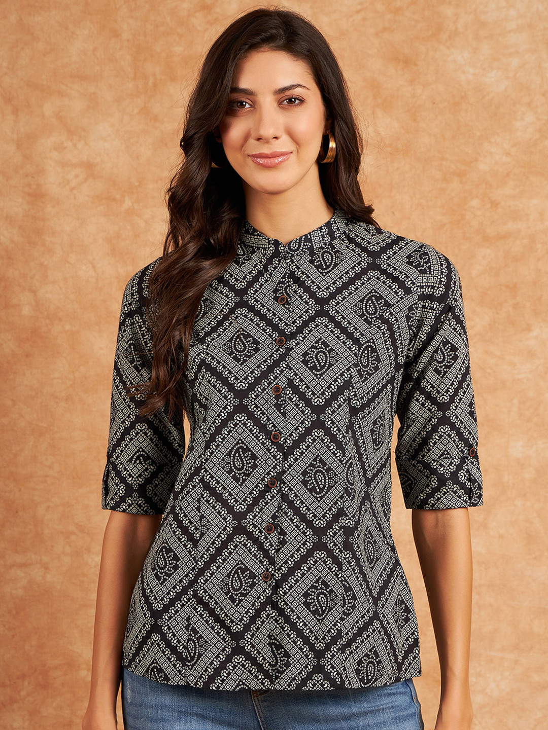

RIVZA Ethnic Motifs Printed Mandarin Collar Cotton Shirt Style Top, Black