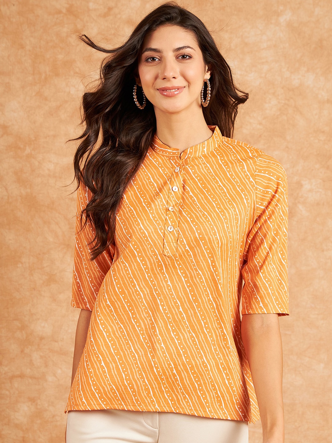 

RIVZA Striped Mandarin Collar Cotton Shirt Style Top, Rust